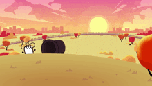 a cartoon drawing of a field with trees and a fence in the background