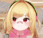 a close up of a girl 's face with a pink sweater on