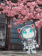 a cartoon cat in a space suit stands in front of a vending machine