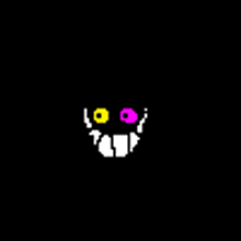 a pixel art drawing of a smiling face with yellow and pink eyes .