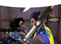 a man holding a gun next to a woman with a speech bubble