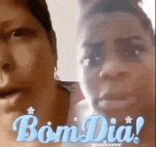 a close up of a woman 's face with the words bom dia written in blue letters .