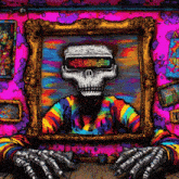 a painting of a skeleton wearing 3d glasses and a colorful shirt