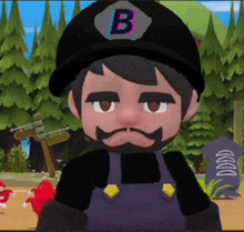 a cartoon character with a beard wearing a hat with the letter b on it