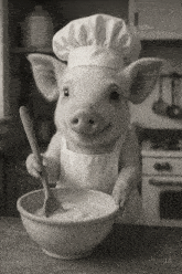 a pig wearing a chef 's hat and apron stirs a bowl of food with a wooden spoon