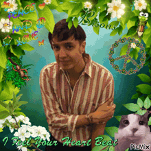 a man in a striped shirt is surrounded by flowers and peace signs
