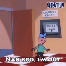 a cartoon of a man standing in front of the laundry chute