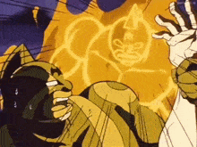 a cartoon character is being attacked by another character in a yellow suit .