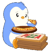 a penguin is eating a slice of pizza next to a pile of pizza boxes