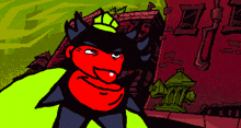 a cartoon drawing of a red monster with a yellow hat