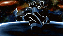 a cartoon character is flying through the air with a sword in his hand