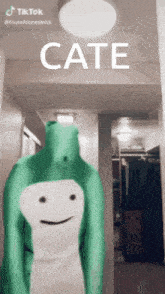 a person in a green costume with a white face is standing in a hallway with the word cate on the bottom