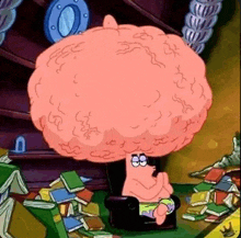 patrick star from spongebob squarepants is sitting in a chair with a huge brain on his head .