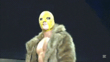 a shirtless man wearing a fur coat and a yellow mask looks up
