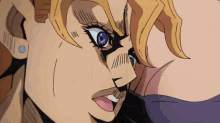 a close up of a cartoon character 's face with a purple eye