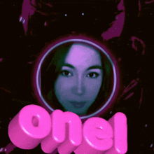 a woman 's face is surrounded by pink letters that say onel