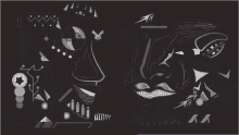 a drawing of a woman 's face with geometric shapes and a bird