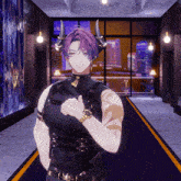 a man with purple hair and horns wearing a watch