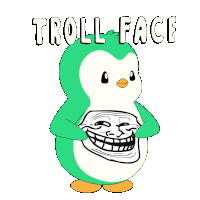 a green penguin with a troll face and the words troll face