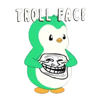 a green penguin with a troll face and the words troll face