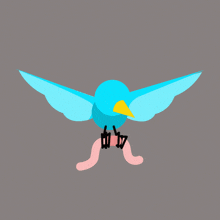 a blue bird with a yellow beak and a worm on its legs