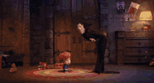 a cartoon character is standing on a rug in a dark room .