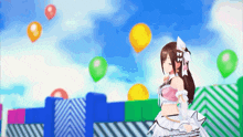 a girl in a pink dress stands in front of balloons flying in the sky