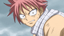 a close up of a cartoon character with red hair and white eyes