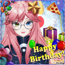 a picture of a girl with glasses and the words happy birthday on it