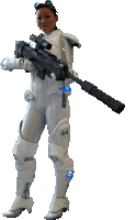 a woman in a futuristic suit with the number 44 on her knee