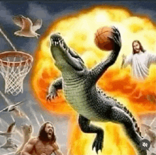 a painting of a crocodile playing basketball with jesus behind it .