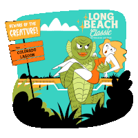 a poster for long beach classic shows a creature holding a woman in its arms