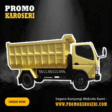 a yellow dump truck with the words promo karoseri on the top