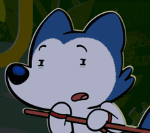 a blue and white cartoon dog holding a stick with the letter i on its face