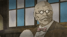 a bald man wearing glasses and a bow tie is holding a piece of rice