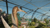 a bird with a long neck is standing in a cage with a pagoda in the background