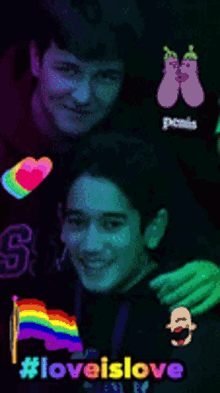 a couple of boys are posing for a picture with the words love is love written on the bottom