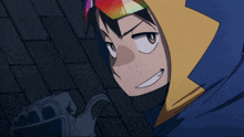 a cartoon character wearing a blue and yellow hoodie and goggles is smiling