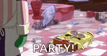 spongebob is laying on the floor in a messy room with the words `` party ! ''