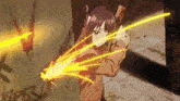 a girl is holding a gun with a yellow beam coming out of her hand
