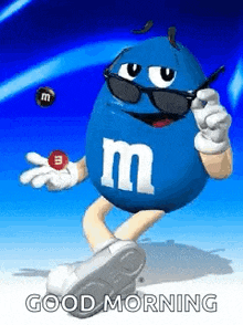 a blue m & ms character wearing sunglasses and holding a m & m .