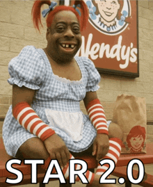 a wendy 's sign with a person dressed as wendy
