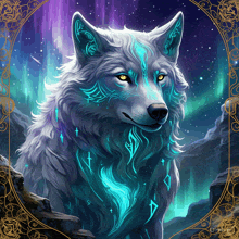 a painting of a white wolf with blue and purple glowing fur