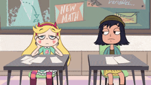 star and jasmine sit at desks in front of a sign that says new math