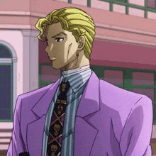 a man in a purple suit and tie with a skull and crossbones pattern