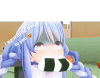 a 3d anime girl is eating a sushi roll and says `` i want to do this to you ''