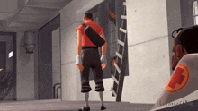 a man in a red shirt and black pants with a red cross on his chest stands in a room