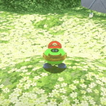 a green mario character is standing in a field of flowers