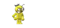 a yellow cartoon character has the word hair written on his head