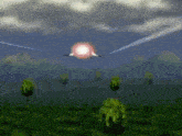 a plane is flying over a grassy field with trees in the foreground